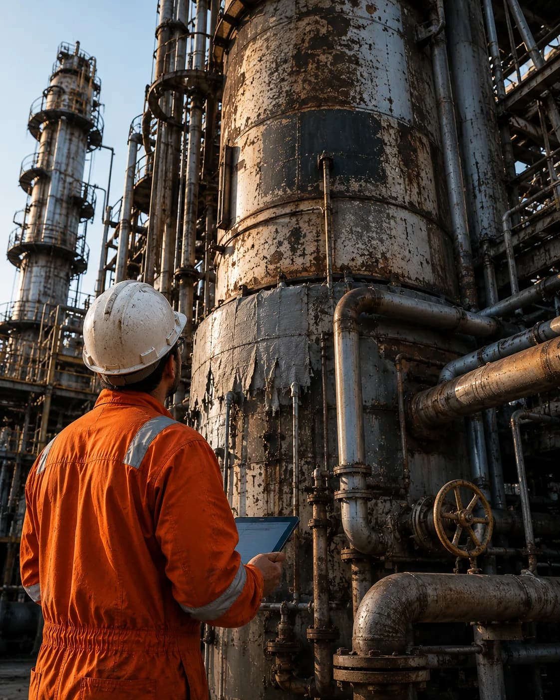 Integrity engineer reviewing corrosion data against process equipment at a refinery