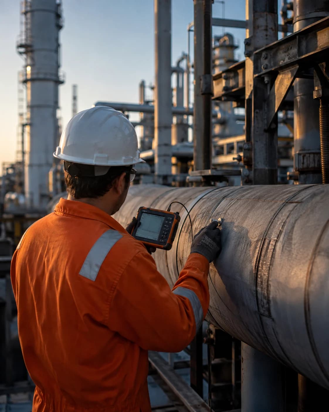 Third-party inspector checking fabrication work at a vendor yard